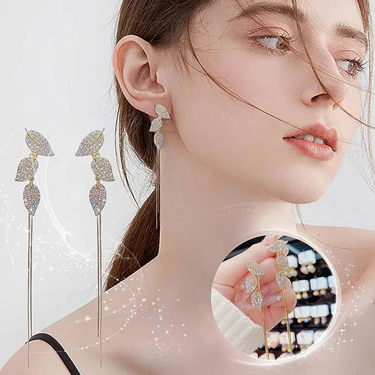 Leaves Carved Crystal Party Wear Ear Tops - Golden