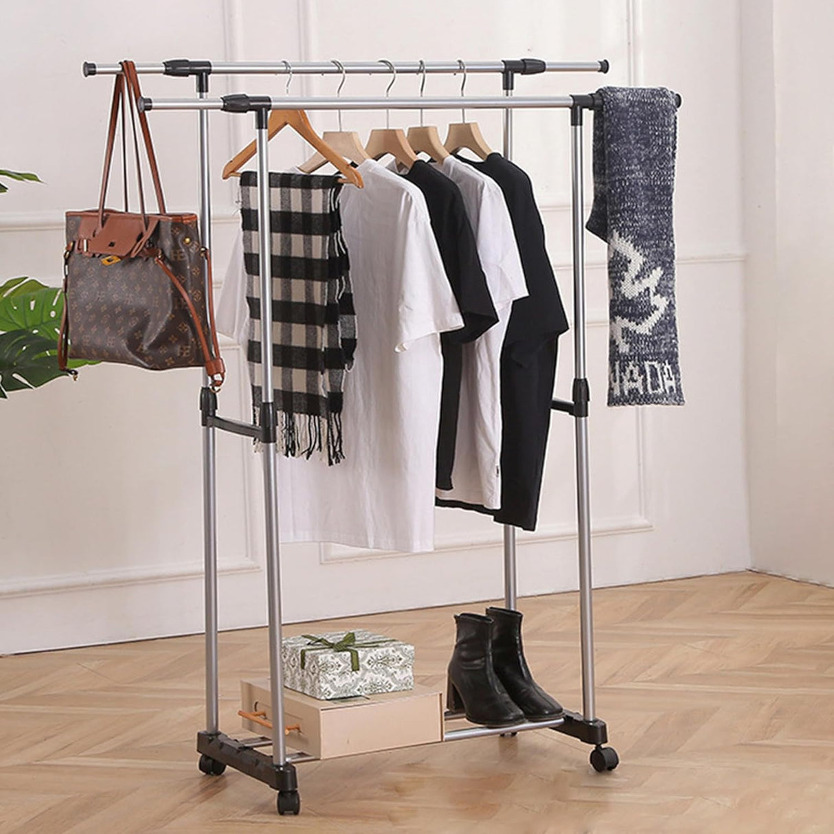 Double Pole Metal Garment Rack: Sturdy Organizer for Effective Storage