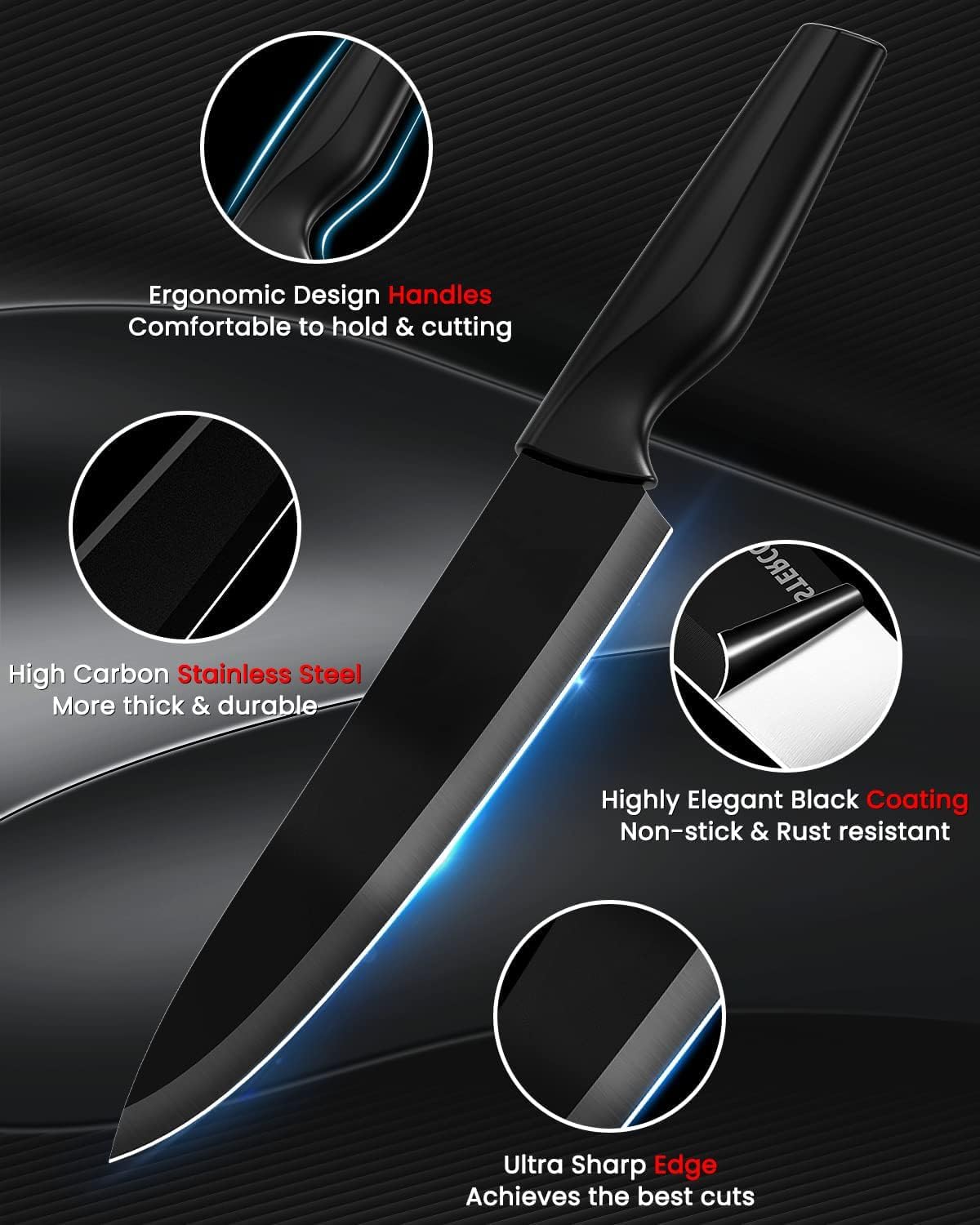 Kitchen Knife Set with Built-in Sharpener Block, Dishwasher Safe, 15 Pieces German Stainless Steel