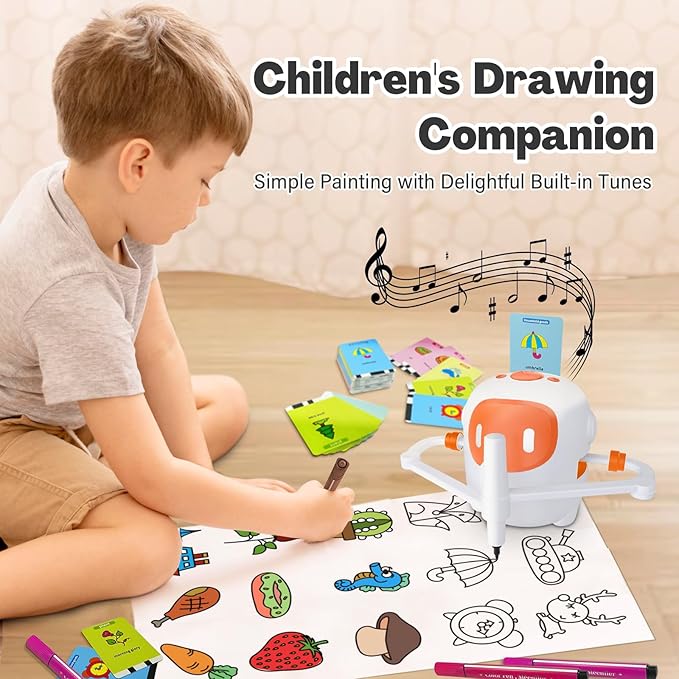 Drawing Robot No APP, Magic Painting Robot with 100 Cards, 12 Colored Brushes, 5 Paintbrushes, Reusable Drawing Board, Kids Preschool Art Drawing Machine Read Aloud the Card &Play Music