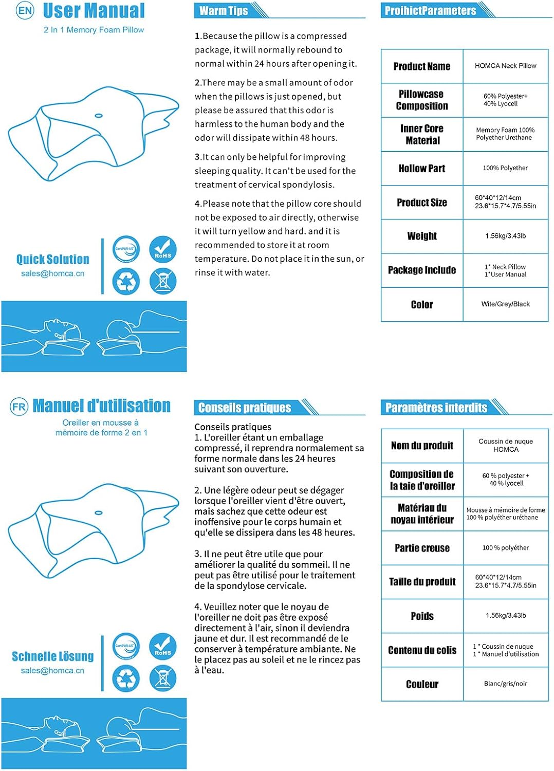 HOMCA Memory Foam Cervical Pillow, 2 in 1 Ergonomic Contour Orthopedic Pillow for Neck Pain, Contoured Support Pillows for Side Back Stomach Sleepers