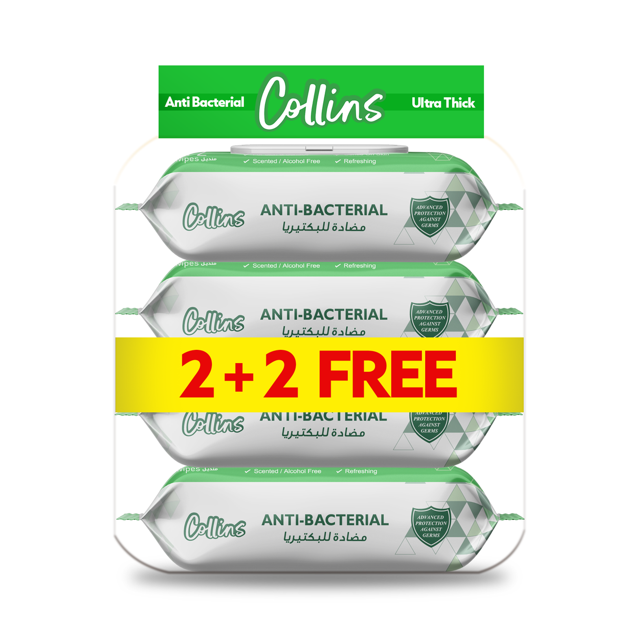 Collins Anti-Bacterial Wipes - 72 Sheets Per Pack, 2+2 Promo Pack (Total 288 Pieces) | Ultra Thick & Soft | Kills 99.9% Germs | Refreshing & Scented Cleaning Wipes