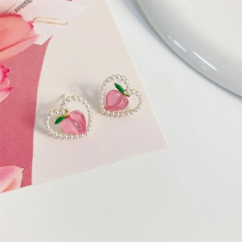 Pink Peach Pearl Studs: Women's Heart Earrings & Sweet Ear Accessories - Shop N Save
