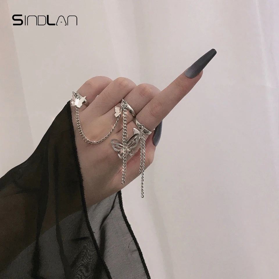 Gothic Butterfly Chain Rings - Stranger Things Couple Set Y2K Fashion - Shop N Save