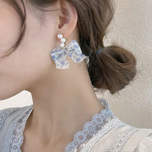 Small Floral Bow Ribbon Pearl Earrings - Blue - Shop N Save