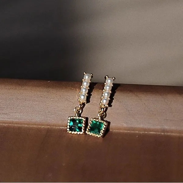 Square Green Zircon Studs: Pearl Earrings for Women's Glam - Shop N Save
