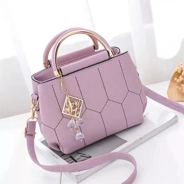 Stylish Geometric Embroidered Handbag for Women Light Purple Synthetic Leather Tassel Detail Zipper Closure - Shop N Save