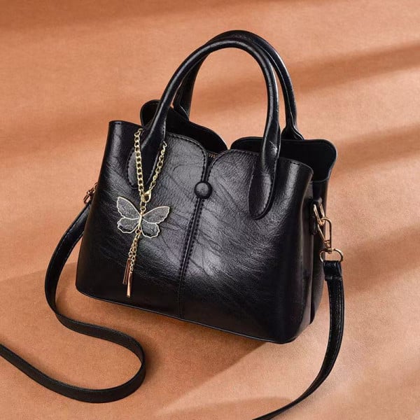 Elegant Butterfly Tassel Black Ladies Handbag Casual Style Multiple Compartments Synthetic Leather Exterior & Interior Double Handle - Shop N Save