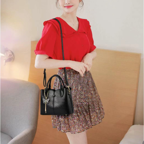 Elegant Butterfly Tassel Black Ladies Handbag Casual Style Multiple Compartments Synthetic Leather Exterior & Interior Double Handle - Shop N Save