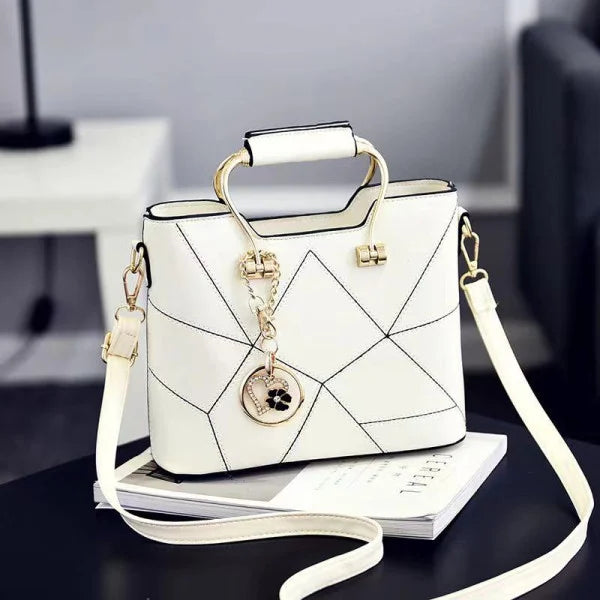 Cream White Geometric Luxury Handbag with Tassel Women's Casual Double Handle Zipper Closure Synthetic Leather Three Compartments - Shop N Save