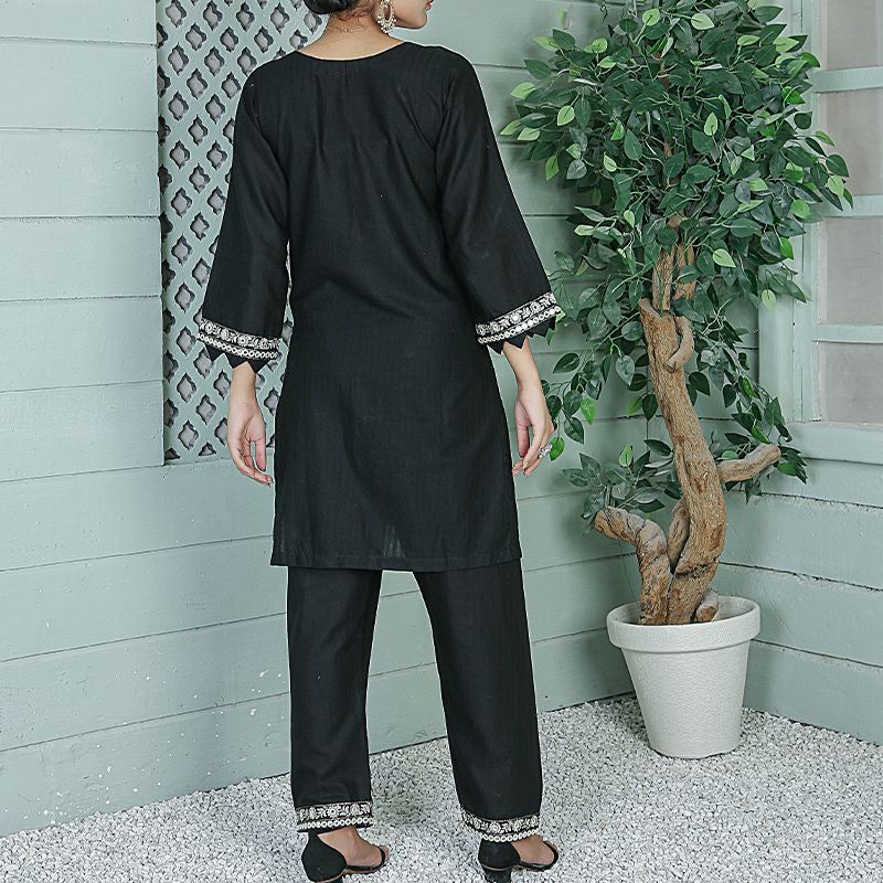 2 Piece Kurti Salwar Embroidery Set - Pure Cotton Collection Stylish Solid Color Light Weight Cotton Fabric Suit Top Bottom Salwar Kameez Indian Pakistani Embroidered Suit For Event Party Outdoor Dress - Black - Shop N Save