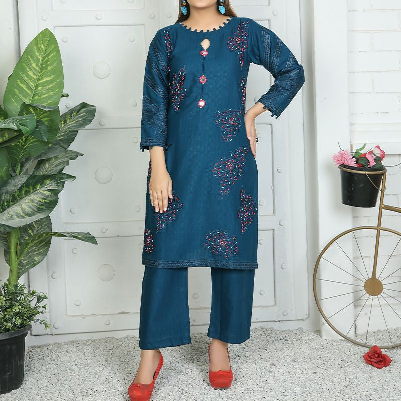 2 Piece Kurti Salwar Embroidery Set - Pure Cotton Collection Stylish Solid Color Light Weight Cotton Fabric Suit Top Bottom Salwar Kameez Indian Pakistani Embroidered Suit For Event Party Outdoor Dress - Dark Blue - Shop N Save
