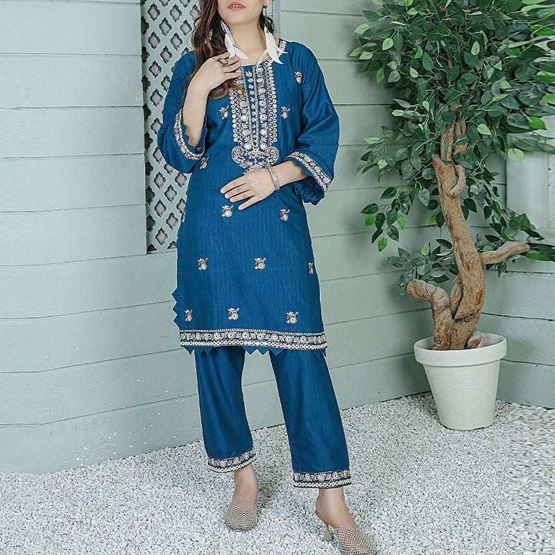 2 Piece Kurti Salwar Embroidery Set - Pure Cotton Collection Stylish Solid Color Light Weight Cotton Fabric Suit Top Bottom Salwar Kameez Indian Pakistani Embroidered Suit For Event Party Outdoor Dress - Dark Blue - Shop N Save