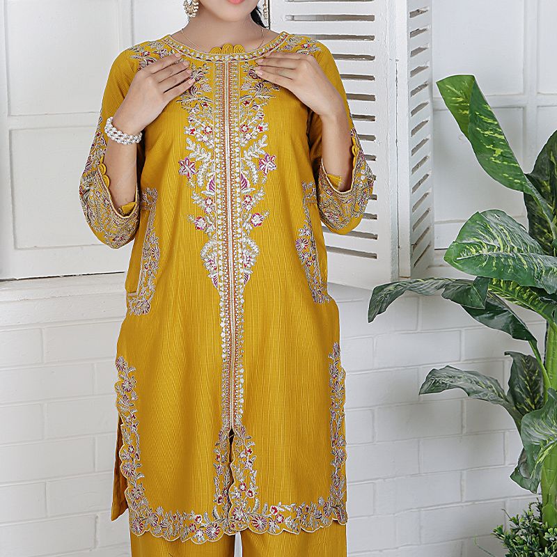 2 Piece Kurti Salwar Embroidery Set - Pure Cotton Collection Stylish Solid Color Light Weight Cotton Fabric Suit Top Bottom Salwar Kameez Indian Pakistani Embroidered Suit For Event Party Outdoor Dress - Golden - Shop N Save