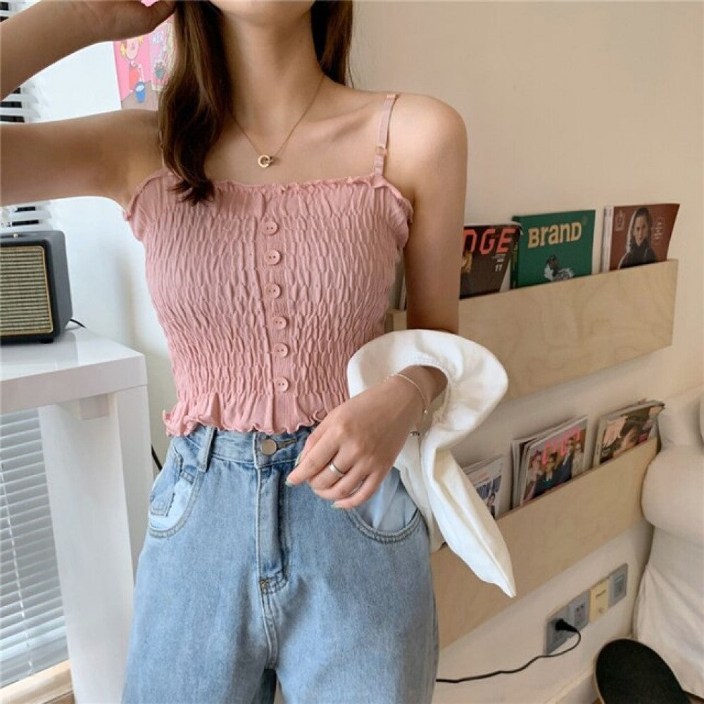Women Slim Solid Wrinkle Crop Tops Shirt - Pink - Shop N Save