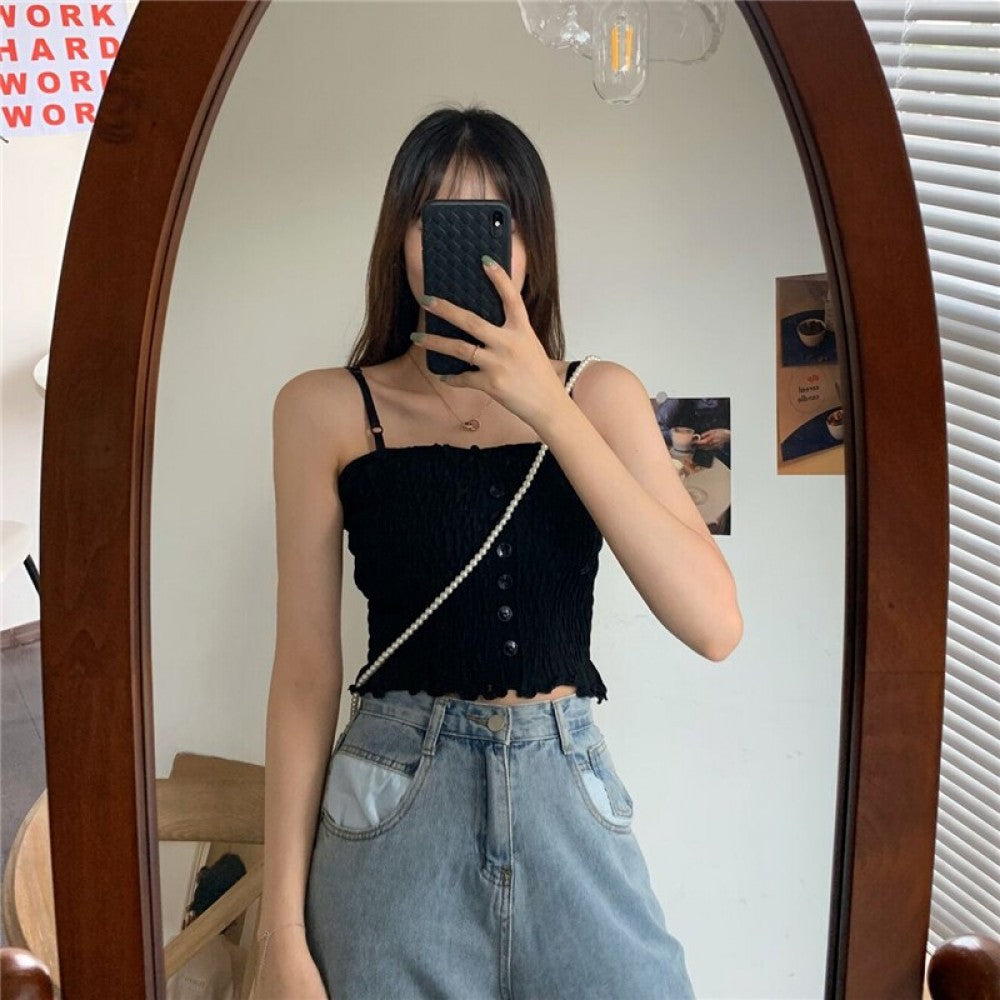 Women Slim Solid Wrinkle Crop Tops Shirt - Black - Shop N Save