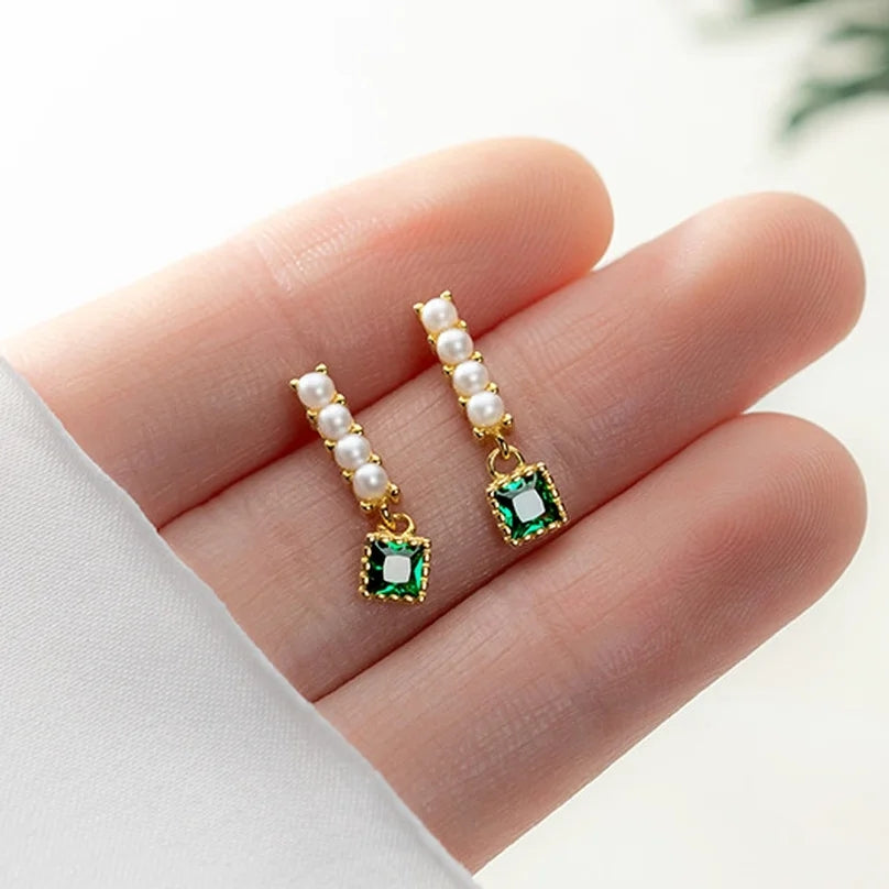 Square Green Zircon Studs: Pearl Earrings for Women's Glam - Shop N Save
