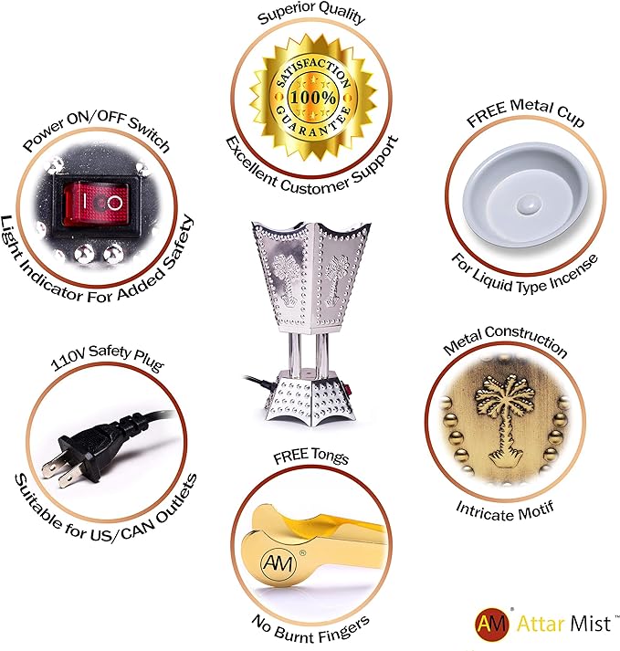 AM Electric Incense Burner: Oud Frankincense, 6.5 Inches, Silver Hexagon - Shop N Save