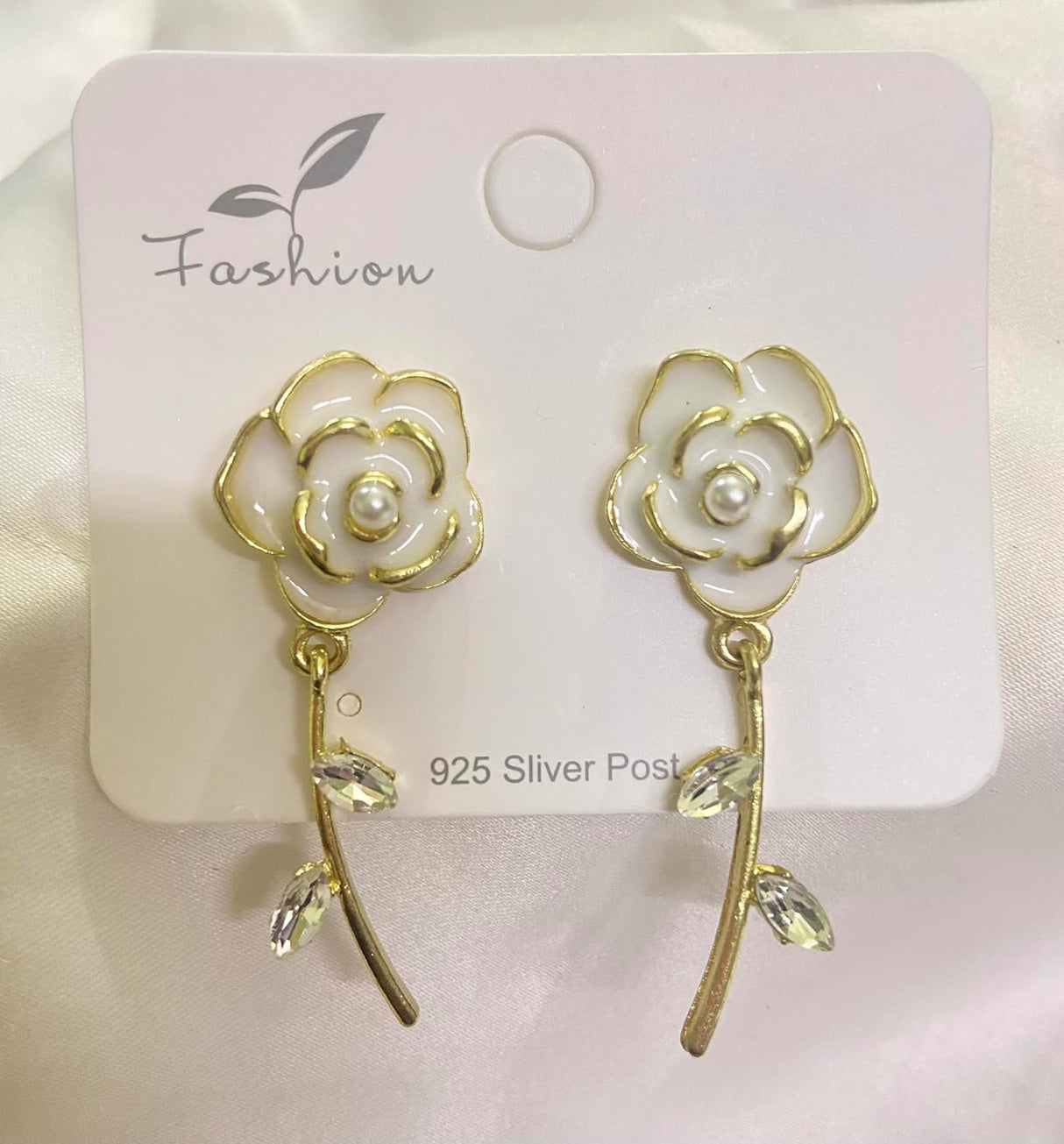 White Enamel Petal Earrings: Elegant Metal Design for Women - Shop N Save