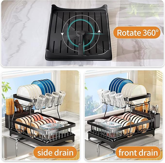 Prosight Dish Drying Rack, 2 Tier Dish Rack with Adjustable Swivel Spout Cups Holder Utensils holder, Rustproof Dish Drainer for Kitchen Counter, 17.3” L× 12.2”W× 13”H