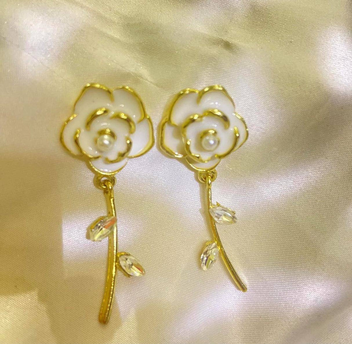 White Enamel Petal Earrings: Elegant Metal Design for Women - Shop N Save