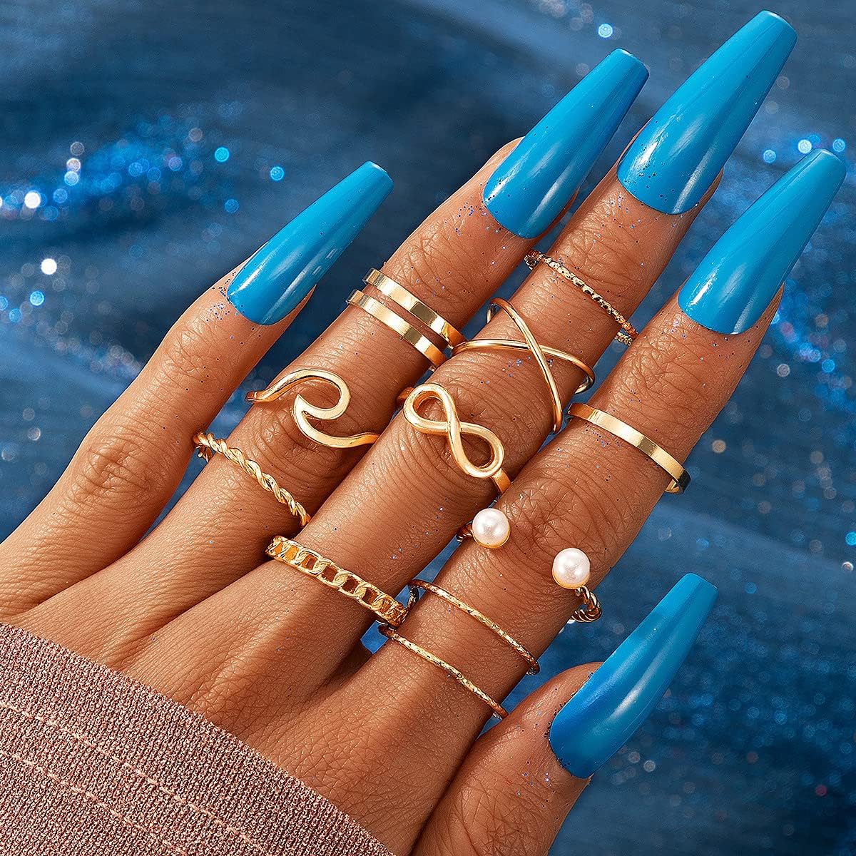 Retro Stackable Turquoise Ring Sets: Sea Wave & Compass Design for Women & Teens - Shop N Save