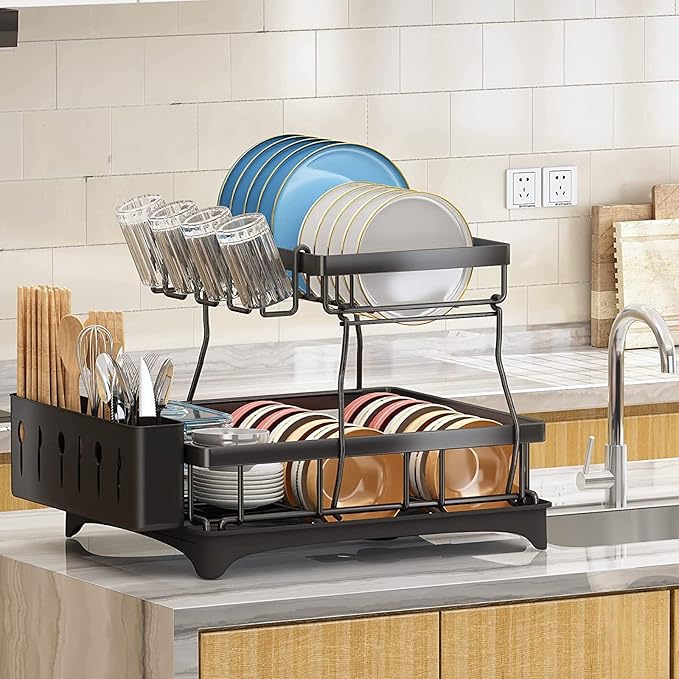 Prosight Dish Drying Rack, 2 Tier Dish Rack with Adjustable Swivel Spout Cups Holder Utensils holder, Rustproof Dish Drainer for Kitchen Counter, 17.3” L× 12.2”W× 13”H