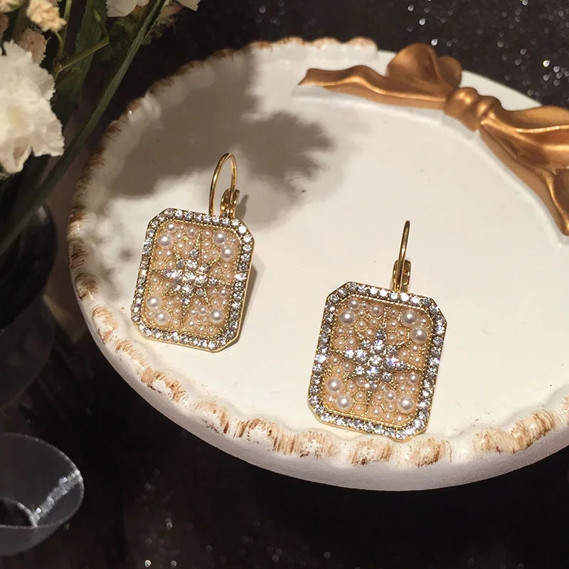 Small Star Earrings: Pearl Flower, Gold Color, Zircon Square - Shop N Save
