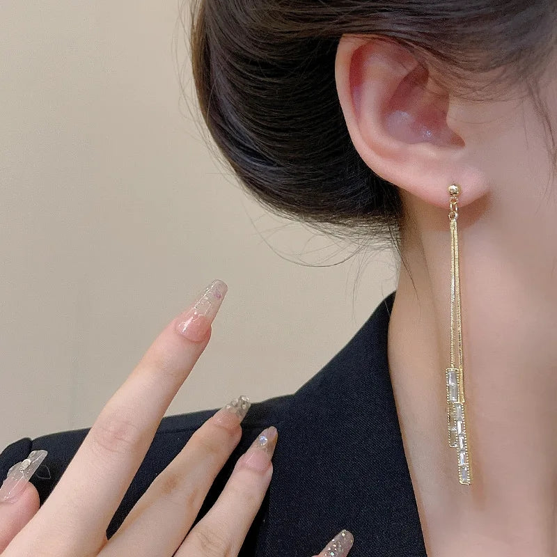 Zirconia Square Dangles: Elegant 2023, Gold-Plated Chain Earrings - Shop N Save