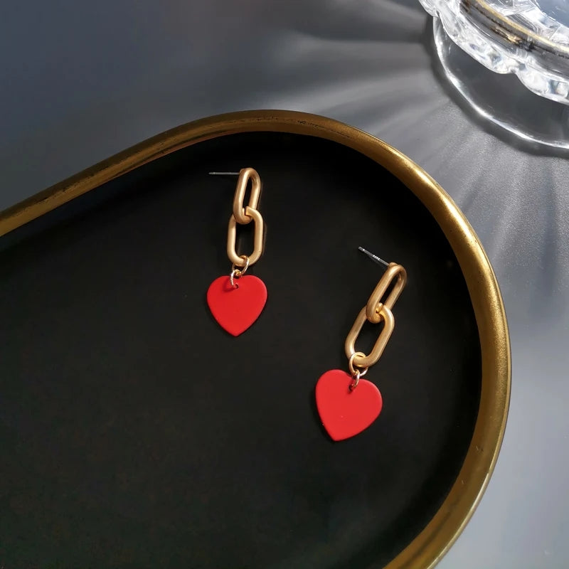 Elegant Red Heart Studs: Retro Chain, Golden Fashion Jewelry