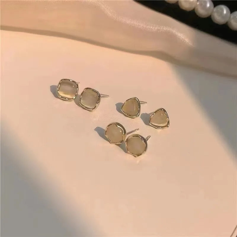 Golden Geometric Opal Studs: Korean Triangle & Circle Earrings Set - Shop N Save
