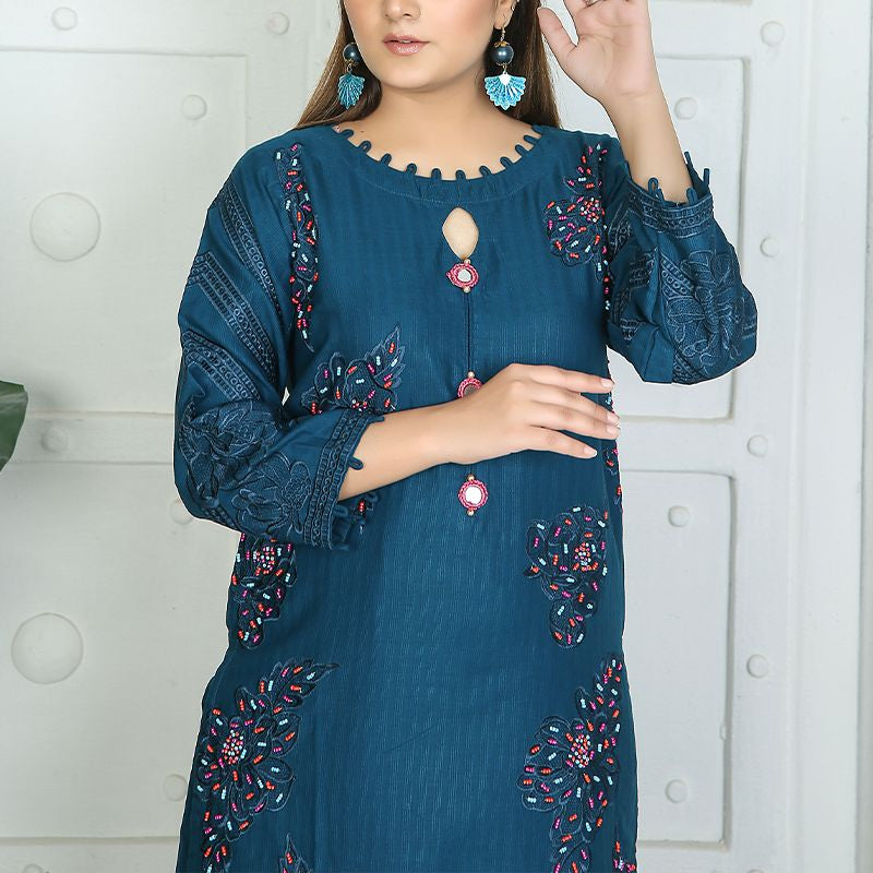 2 Piece Kurti Salwar Embroidery Set - Pure Cotton Collection Stylish Solid Color Light Weight Cotton Fabric Suit Top Bottom Salwar Kameez Indian Pakistani Embroidered Suit For Event Party Outdoor Dress - Dark Blue - Shop N Save