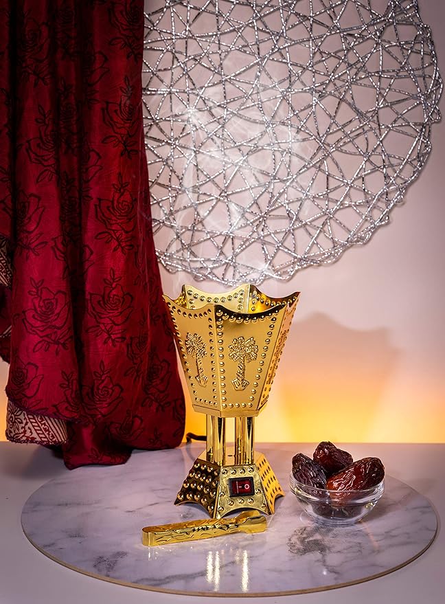 AM Bakhoor Electric Burner: Oud, Frankincense, Gold Hexagon Design - Shop N Save