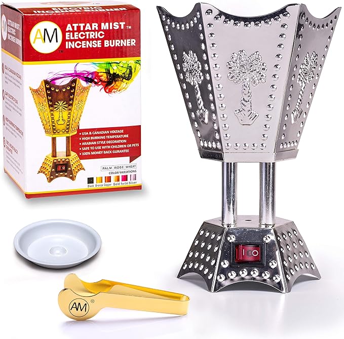 AM Electric Incense Burner: Oud Frankincense, 6.5 Inches, Silver Hexagon - Shop N Save