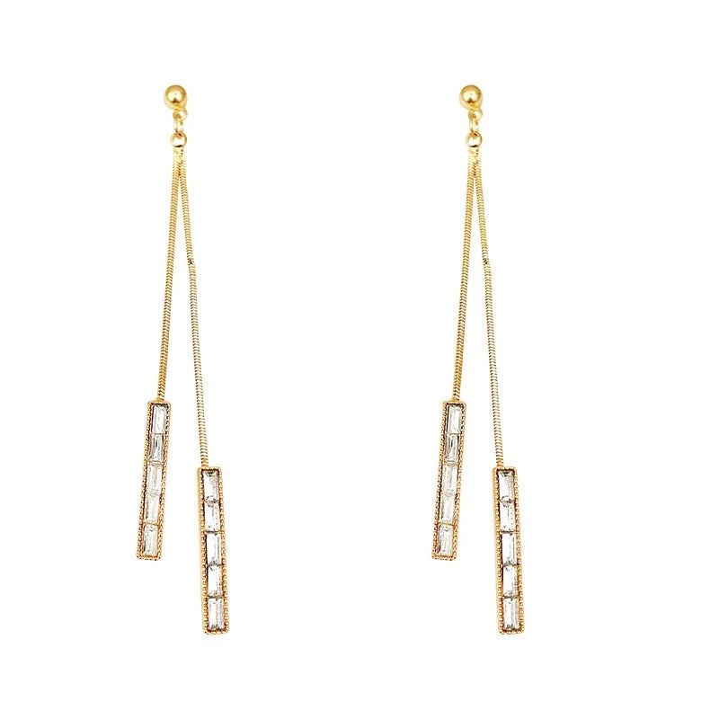 Zirconia Square Dangles: Elegant 2023, Gold-Plated Chain Earrings - Shop N Save