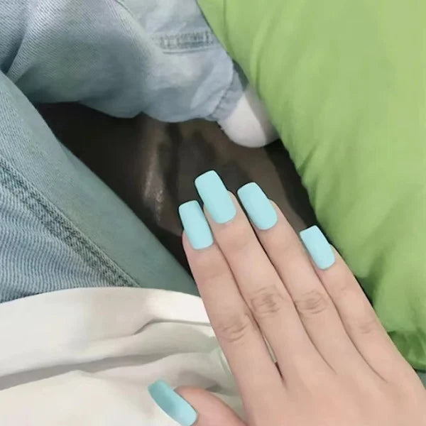 Matte Light Blue Fake Nails: 24 Reusable Long Pieces, Glue-On Decor - Shop N Save
