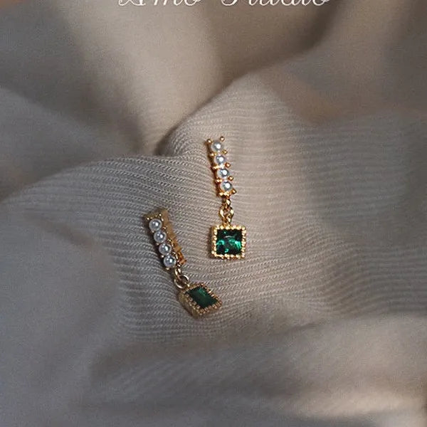 Square Green Zircon Studs: Pearl Earrings for Women's Glam - Shop N Save