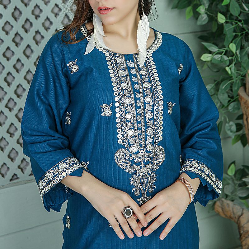 2 Piece Kurti Salwar Embroidery Set - Pure Cotton Collection Stylish Solid Color Light Weight Cotton Fabric Suit Top Bottom Salwar Kameez Indian Pakistani Embroidered Suit For Event Party Outdoor Dress - Dark Blue - Shop N Save