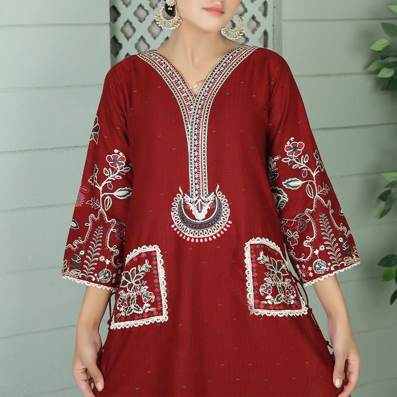 2 Piece Kurti Salwar Embroidery Set - Pure Cotton Collection Stylish Solid Color Light Weight Cotton Fabric Suit Top Bottom Salwar Kameez Indian Pakistani Embroidered Suit For Event Party Outdoor Dress - Maroon - Shop N Save