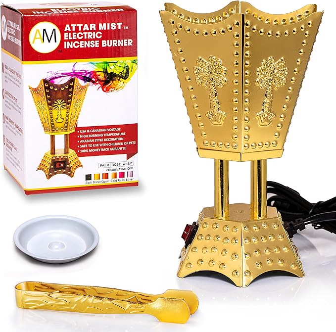AM Bakhoor Electric Burner: Oud, Frankincense, Gold Hexagon Design - Shop N Save