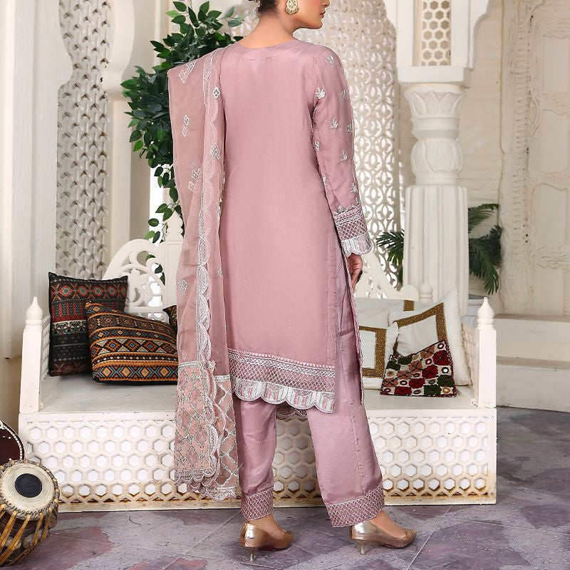 3 Piece Fancy Embroidery Dress - Stylish Light Weight Chiffon Organza Fabric Suit Indian Pakistani Fancy Embroidered Dress For Events Party Outdoor Dress - Dark Pink - Shop N Save