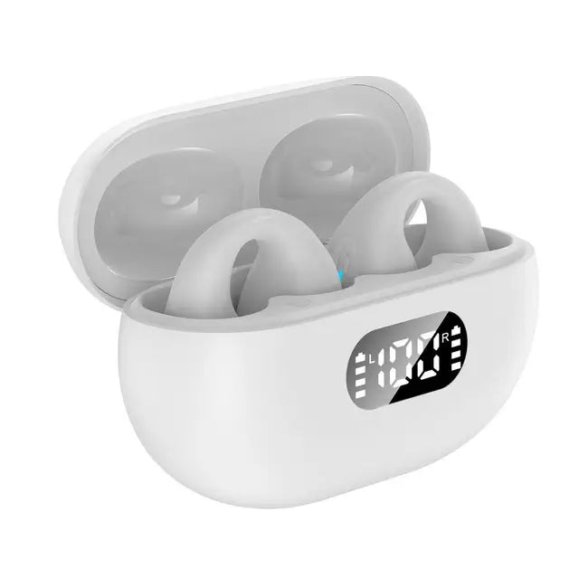 R15 LED Digital Display Ear Clip Wireless Noise Reduction Bluetooth Headphone (White)