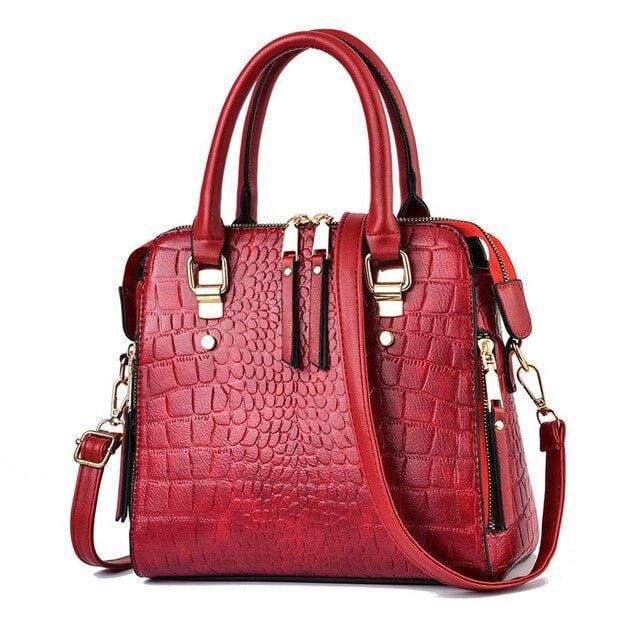 Ladies Fashion Crocodile Pattern Handbag - Wine Red - Shop N Save