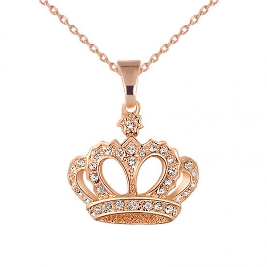 Crown Pendant Necklace Clear Rhinestone Gold