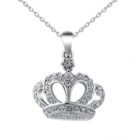 Crown Pendant Necklace Clear Rhinestone Silver