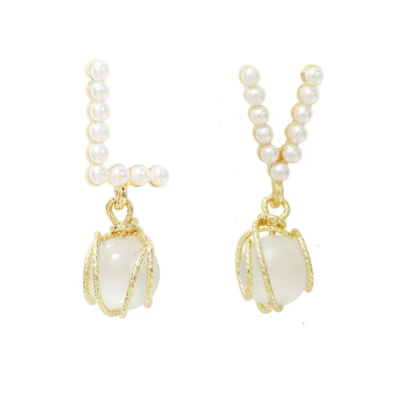 Korean Style V Opal Earrings: Gold, Allergy-Free, Imitation Pearl - Shop N Save