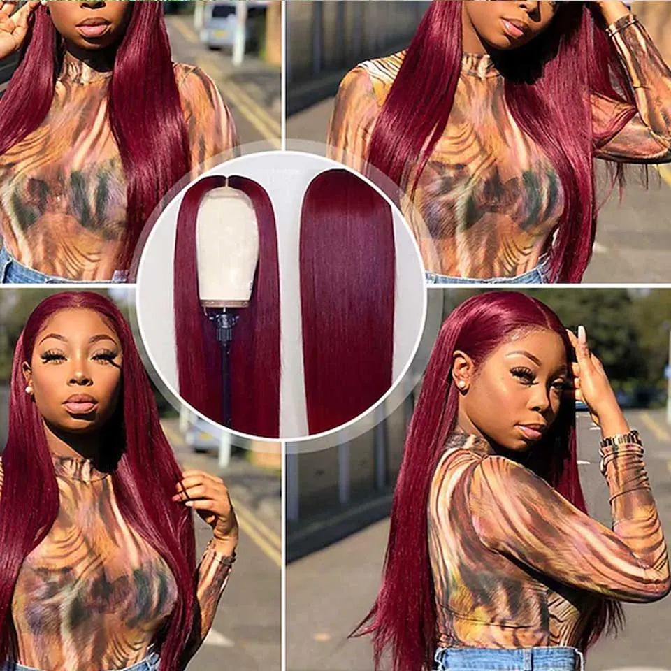 Burgundy Straight Hair Wig - European Fashion Headgear