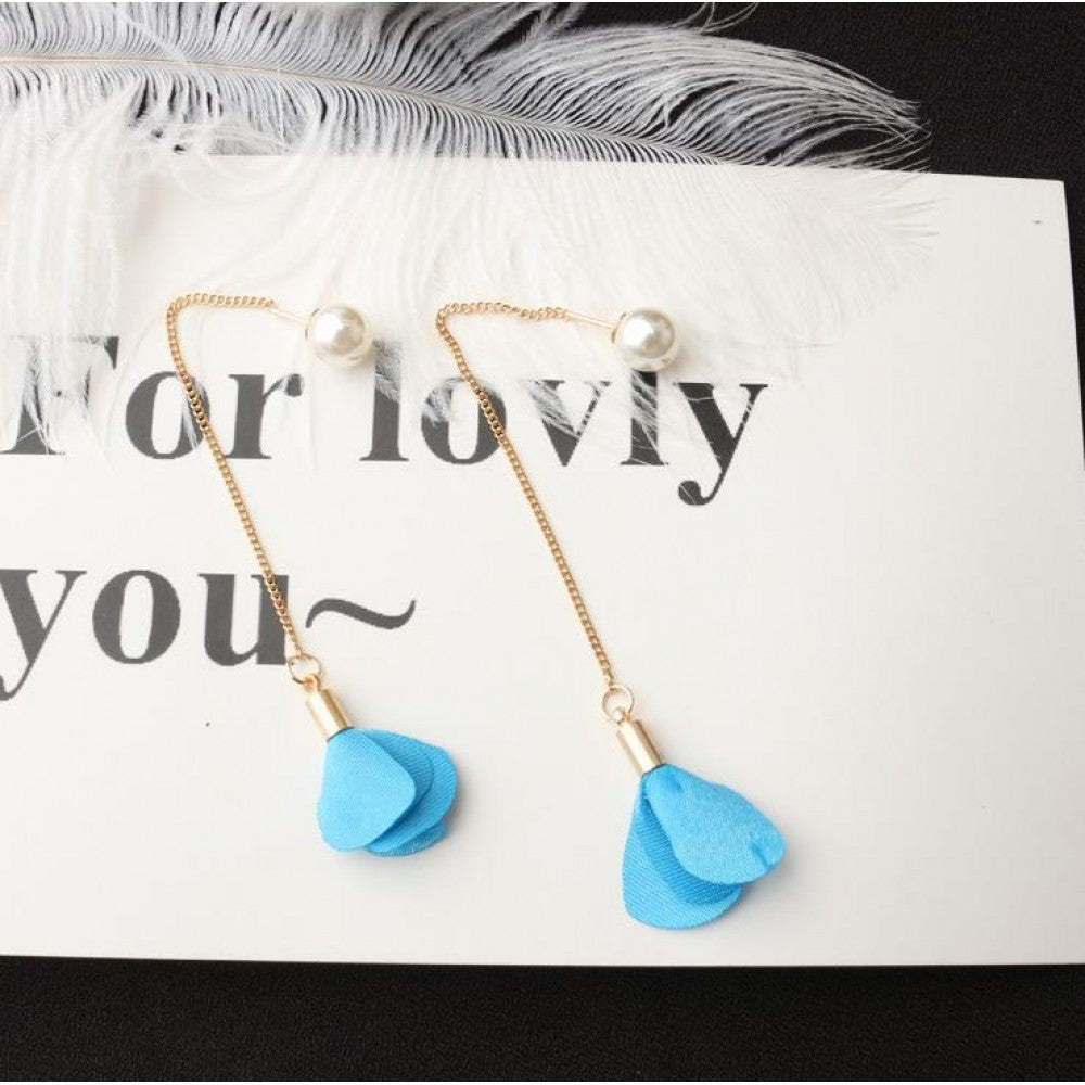 Earrings Flower Tassel Women Imitation Pearl Long Earring - Blue