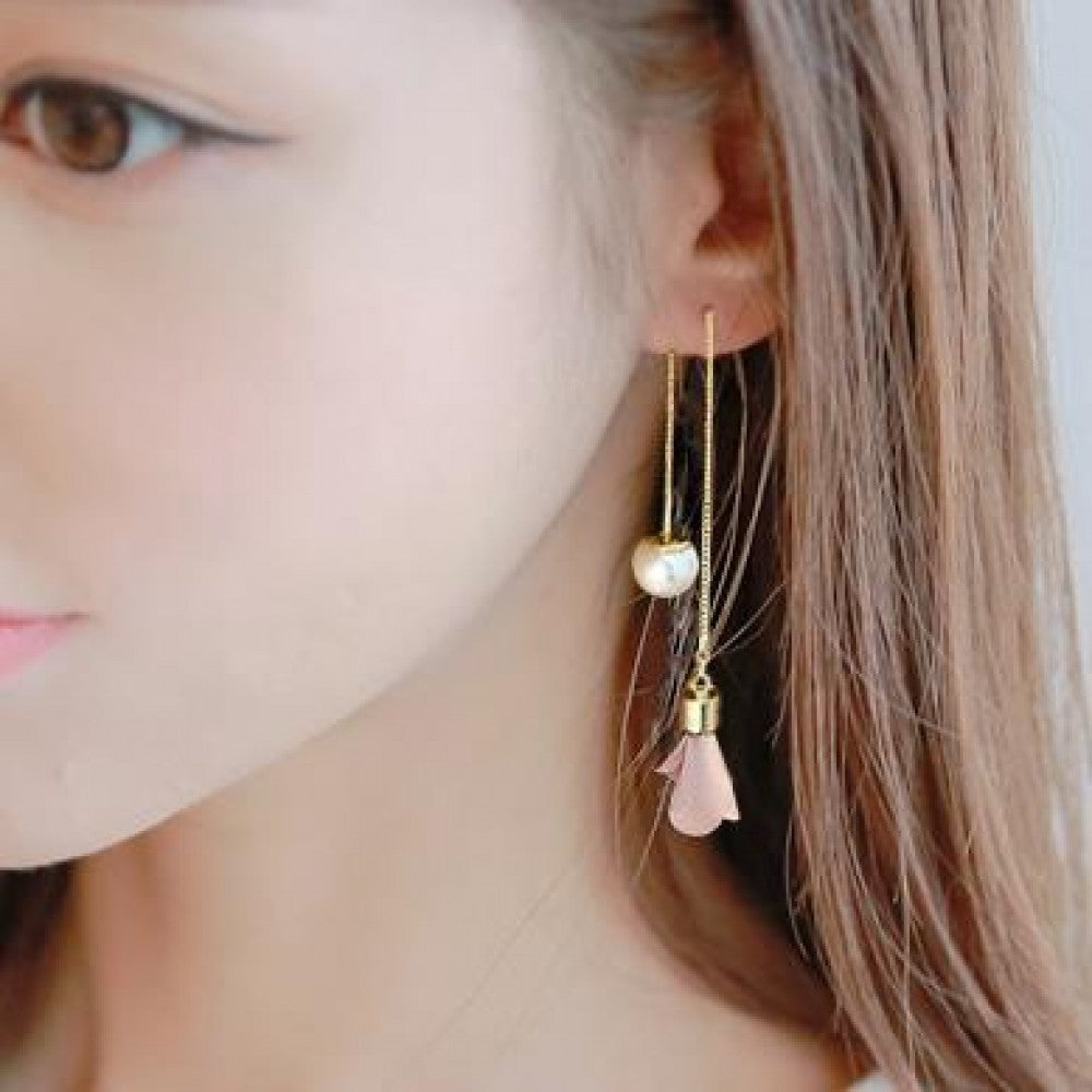 Earrings Flower Tassel Women Imitation Pearl Long Earring - Pink