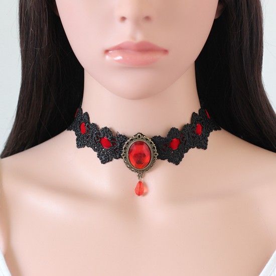 Gothic Crystal Tassel Tattoo Choker Necklace - Red